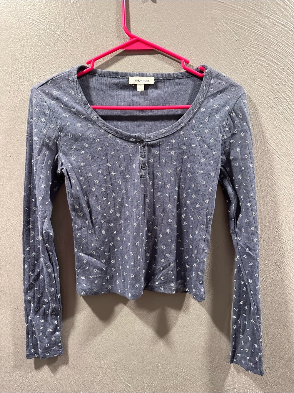 Pink Rose Dusty Blue Ribbed Henley with Micro Floral Print